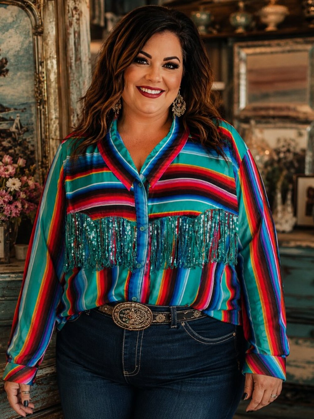 L&B Teal Multicolor Striped Sequin Fringe Silk Shirt